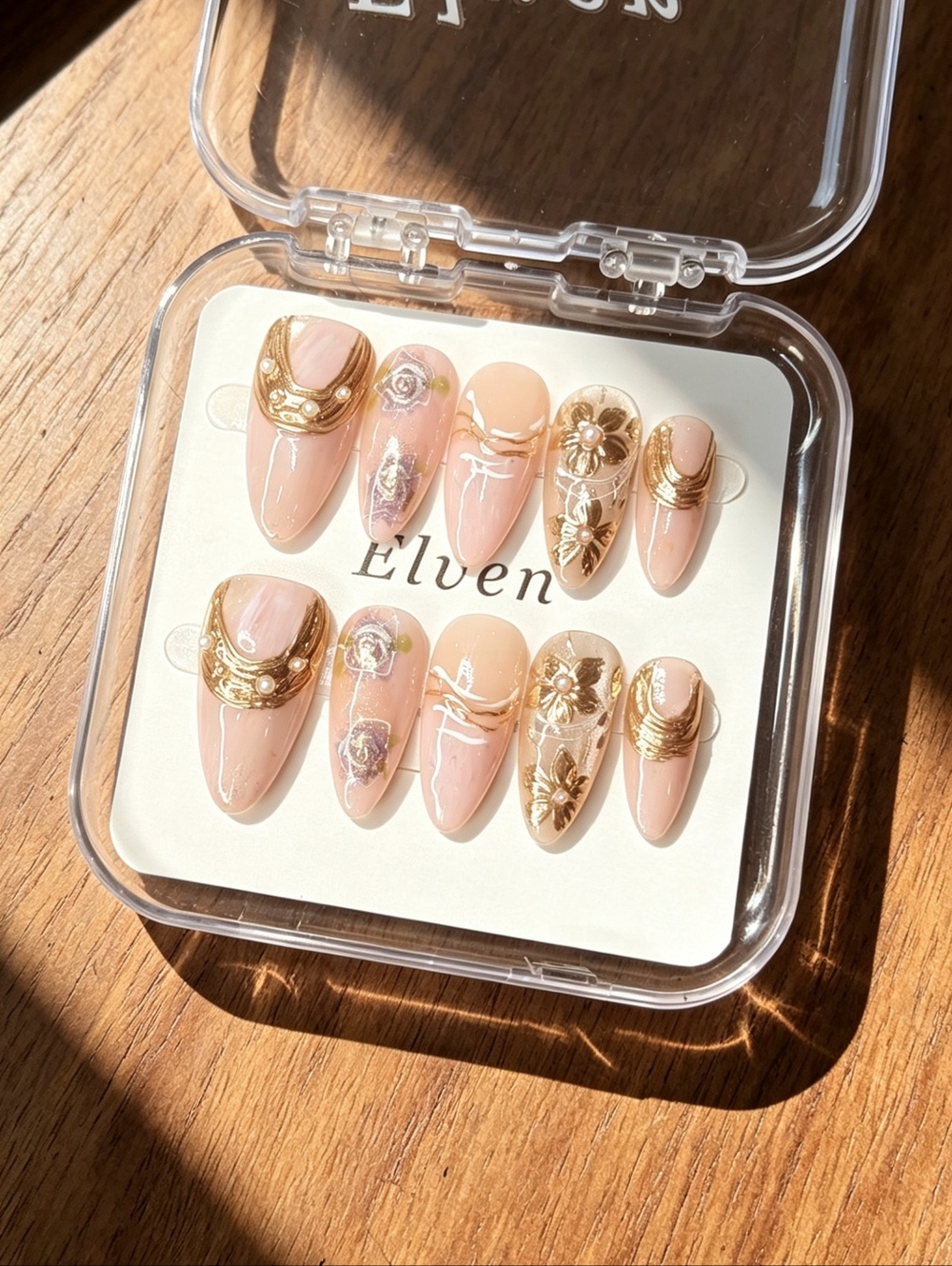 Blush Pink Gold Pearl Almond Press On Nails With Floral & Cat Eye